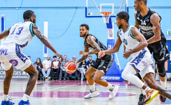 Javion Hamlet and Justin Gordon in action against the Bristol Flyers