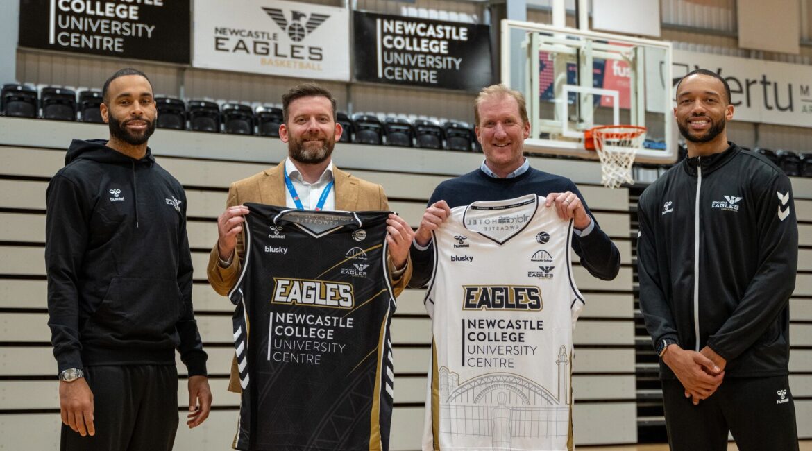 Players Josh Ward-Hibbert and Marco Anthony joined Newcastle College Principal Alan Fenton and Eagles Managing Director Paul Blake to launch the new kits. (Photos: Abbie Orwin)